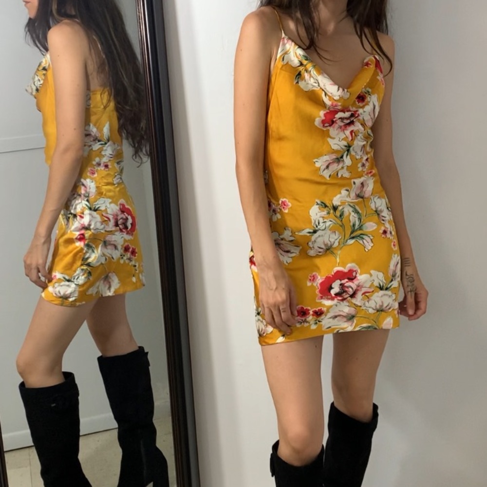 Yellow floral silk satin slip dress cowl neck
